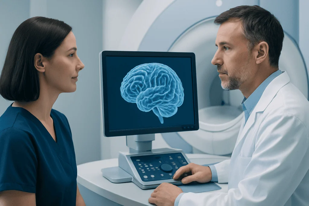 Medical professionals reviewing brain scan images in a hospital setting.