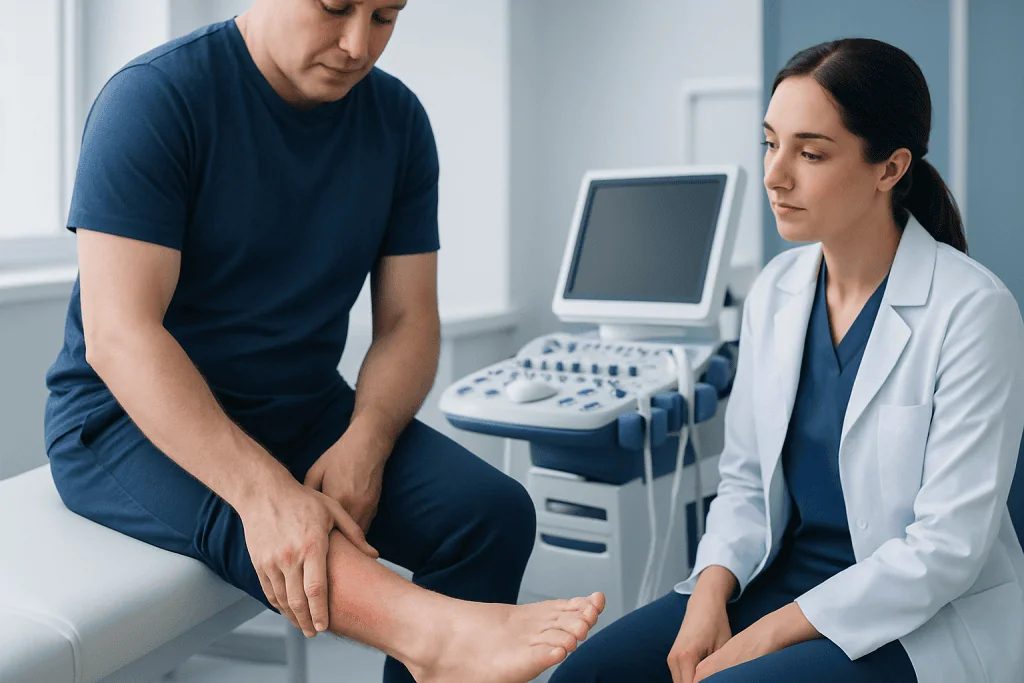 Doctor examining patient's ankle in a medical consultation room.