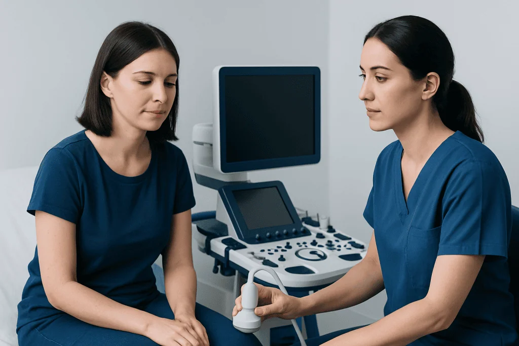 Medical examination with ultrasound device at Acibadem Hospital.