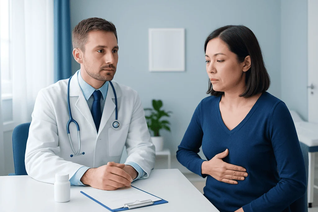 Doctor consulting with a patient about digestive health in a clinical setting.