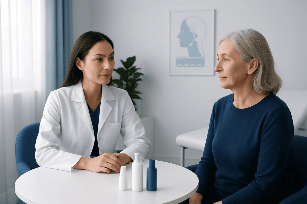 Doctor consulting with an elderly woman about anti-aging skincare products.
