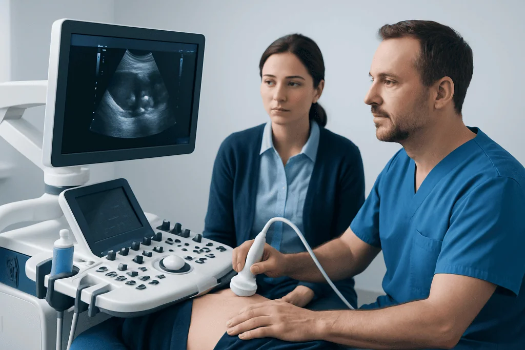 Medical professionals performing an ultrasound examination in a clinical setting.