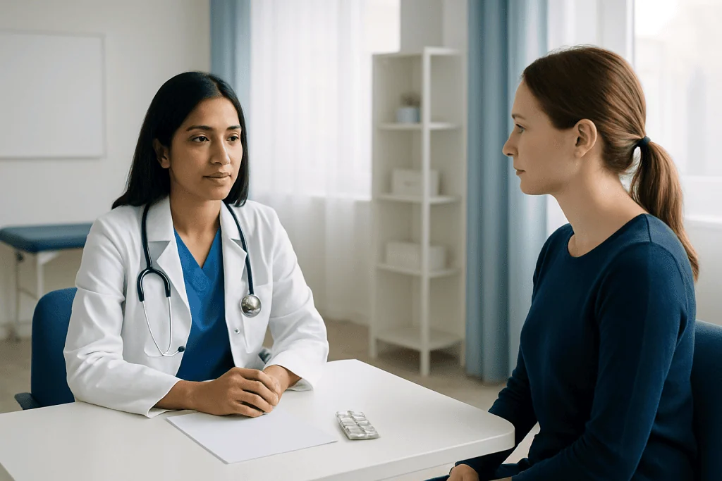 Doctor consulting with a patient in a medical office setting.