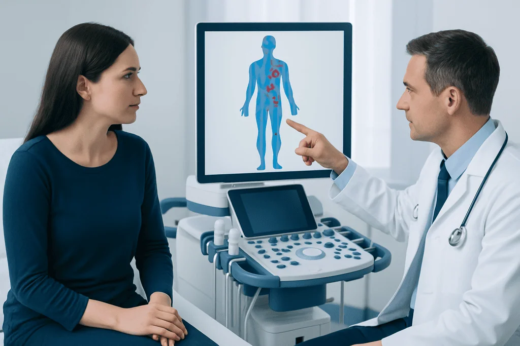 Doctor explaining medical scan to patient in clinic setting.