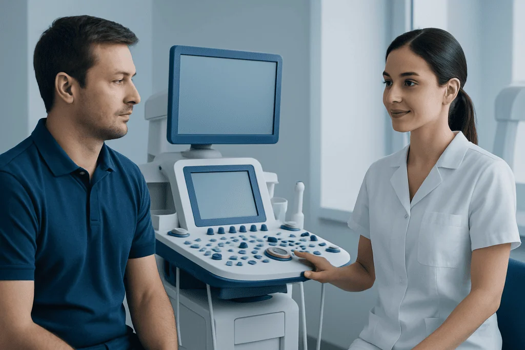 Doctor performing ultrasound examination on male patient in clinic.