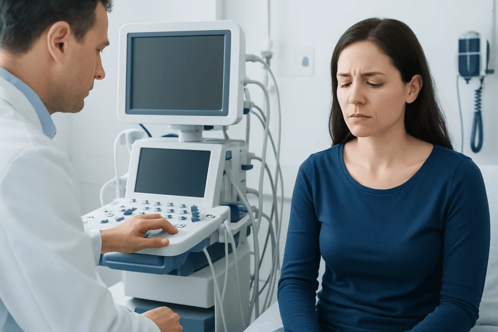 Doctor consulting a woman in a medical examination room with ultrasound equipment.