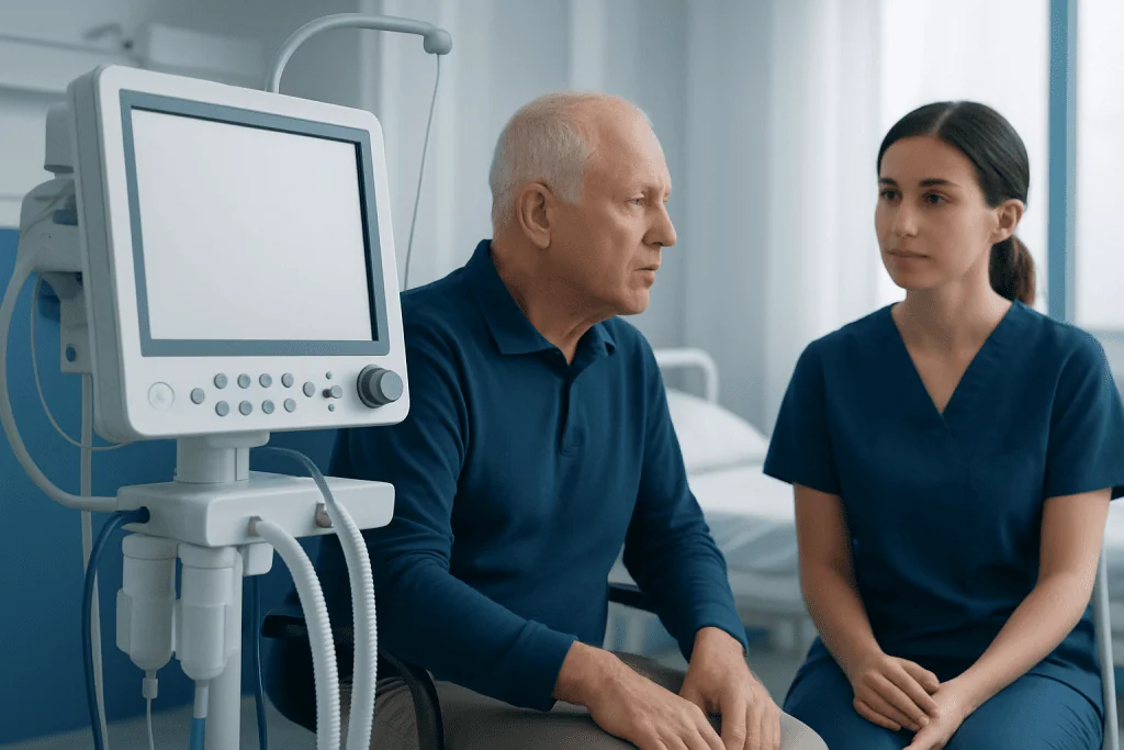 Doctor consulting elderly patient in hospital room with medical equipment.