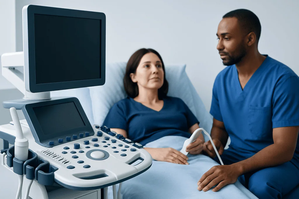 Medical professional performing ultrasound on patient in hospital room.