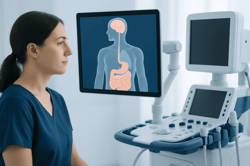 Medical professional analyzing digestive system on ultrasound monitor at Acibadem Hospital.