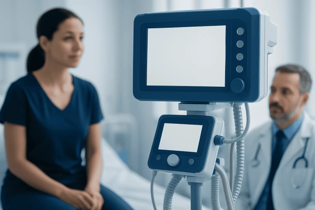 Medical consultation with patient and doctor in hospital room with monitor.