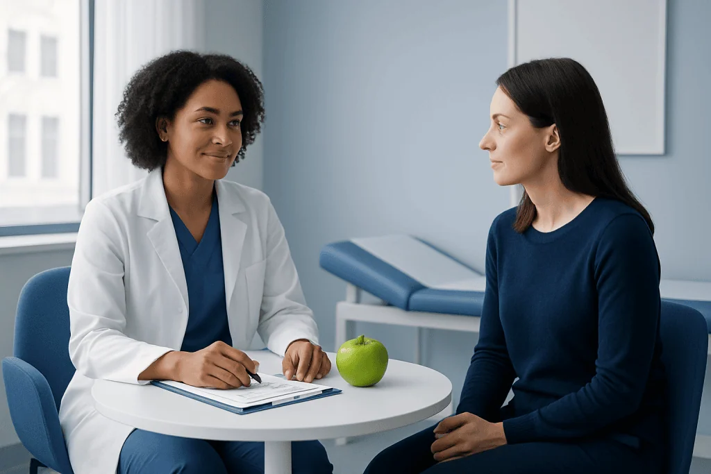 Doctor consulting with a patient in a medical office setting.
