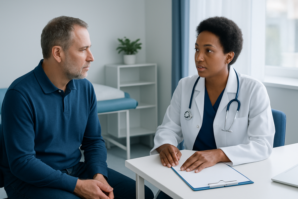 Doctor consulting with a male patient in a medical office.