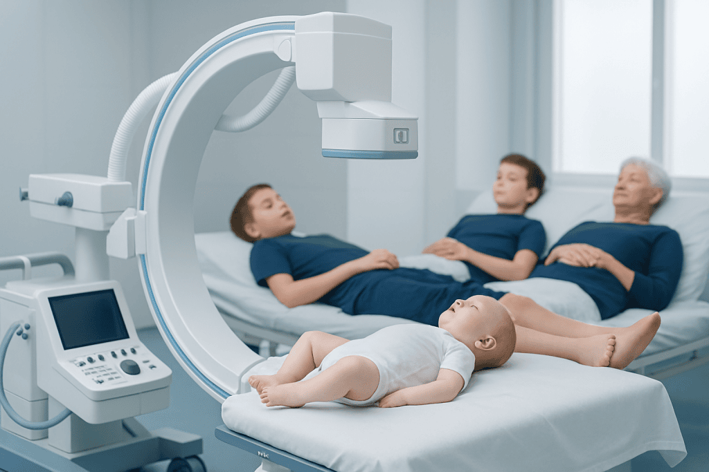 Children undergoing medical imaging in a hospital setting.