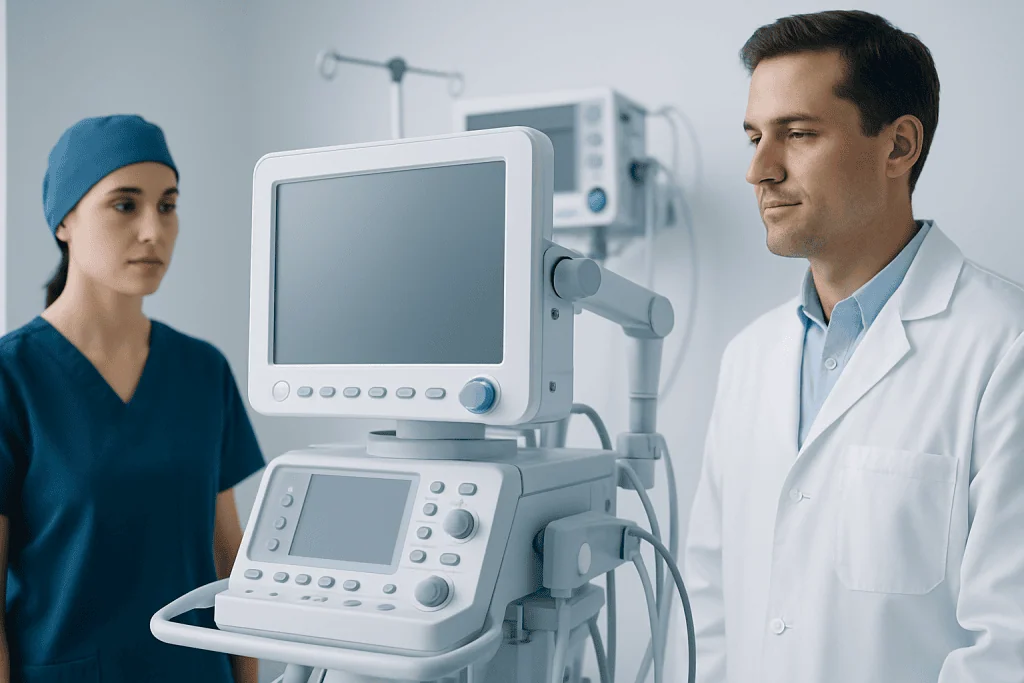 Medical professionals using ultrasound equipment in a hospital setting.
