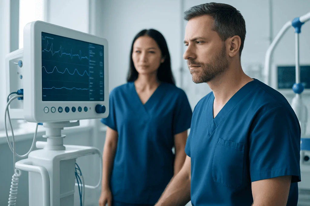 Medical professionals monitoring patient heart activity with ECG machine at Acibadem Hospital.