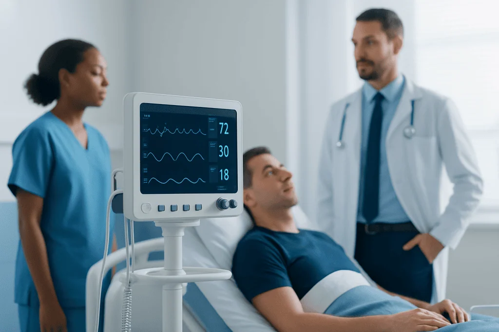 Hospital patient monitoring with medical staff in a clinical setting.