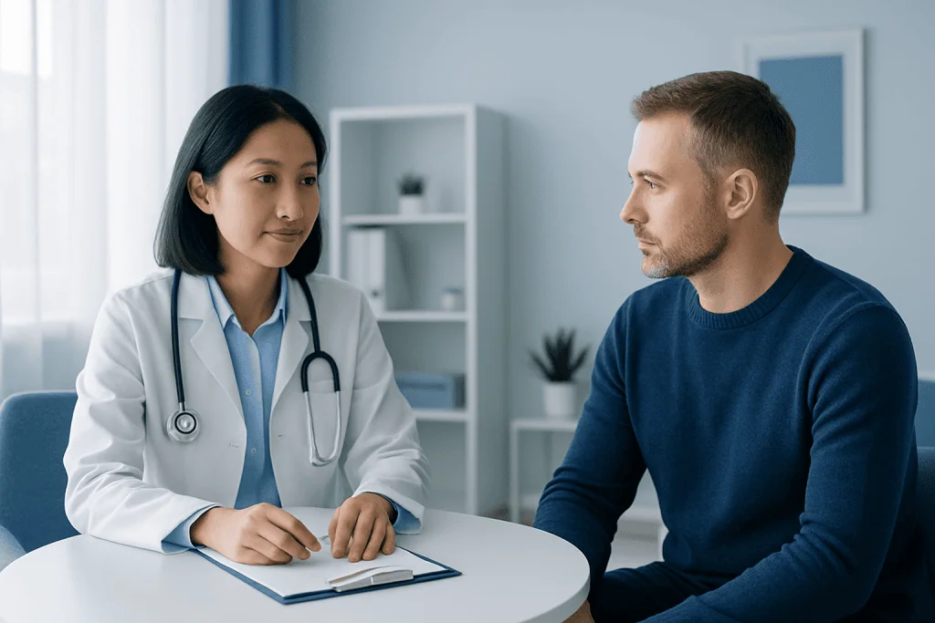 Doctor consulting with a patient in a modern medical office.