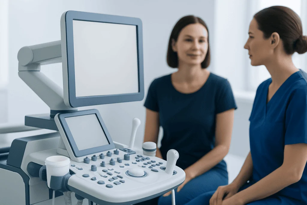 Medical professionals using ultrasound equipment in a clinical setting.