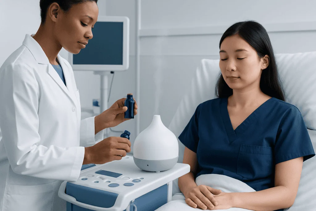 Medical professional administering aromatherapy to patient in hospital.