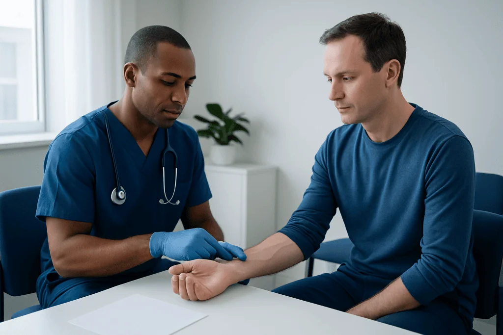 Doctor checking patient's pulse in a medical consultation room.