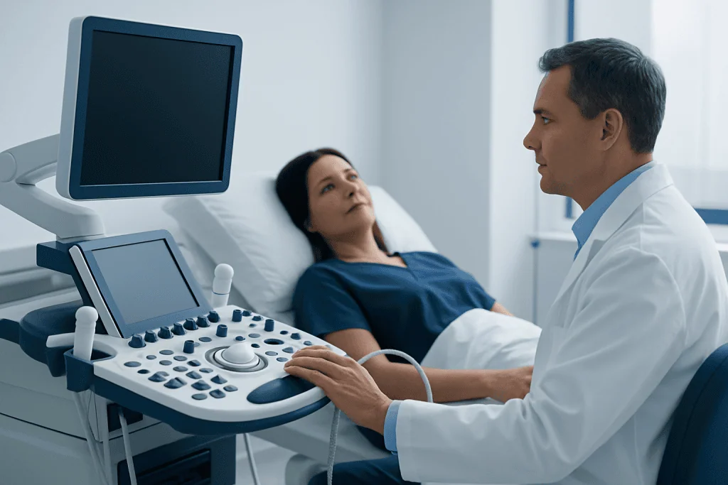 Doctor performing an ultrasound exam on a patient in a hospital room.