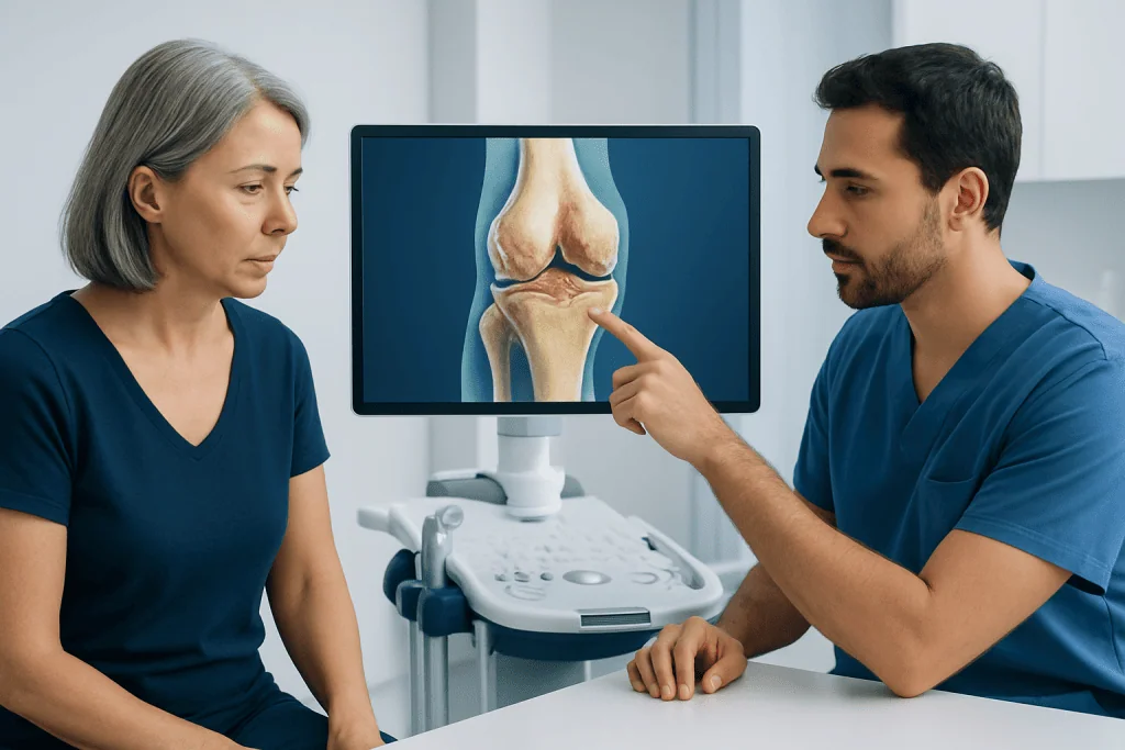 Doctor explaining knee joint X-ray to patient in a medical consultation.