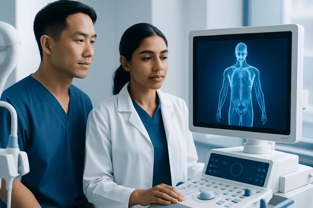 Medical professionals analyzing a human body scan on a computer.
