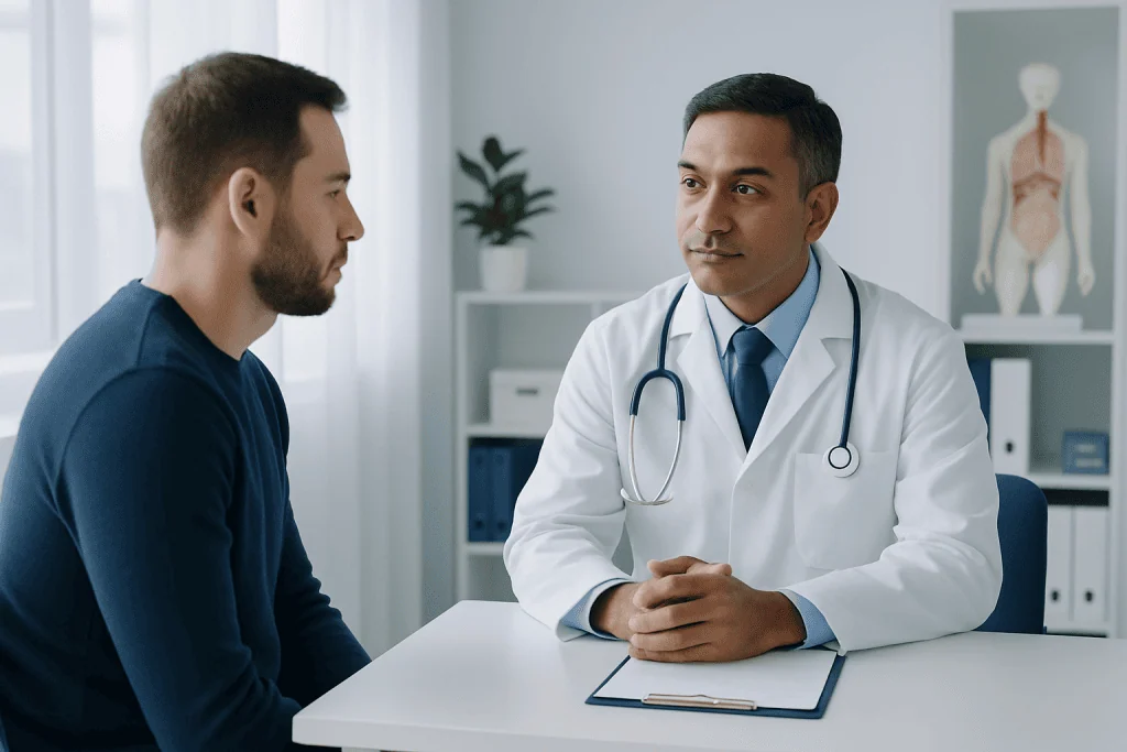 Doctor consulting with a patient in a modern medical office.