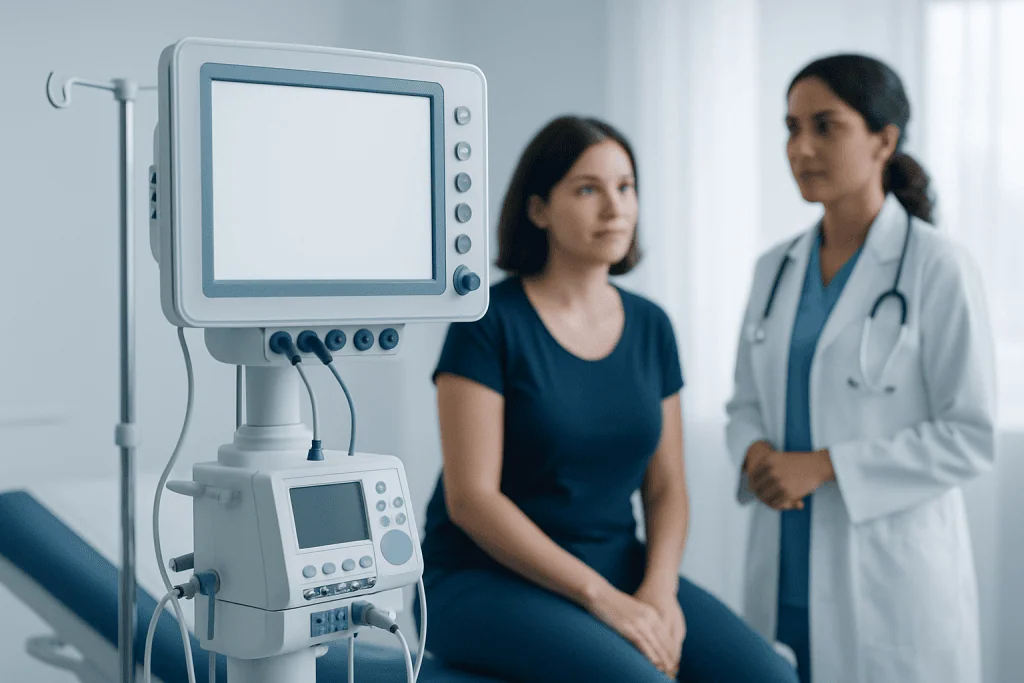 Medical consultation with a patient and doctor in a hospital setting.