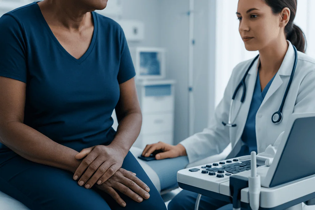 Doctor examining patient's skin in a medical consultation setting.