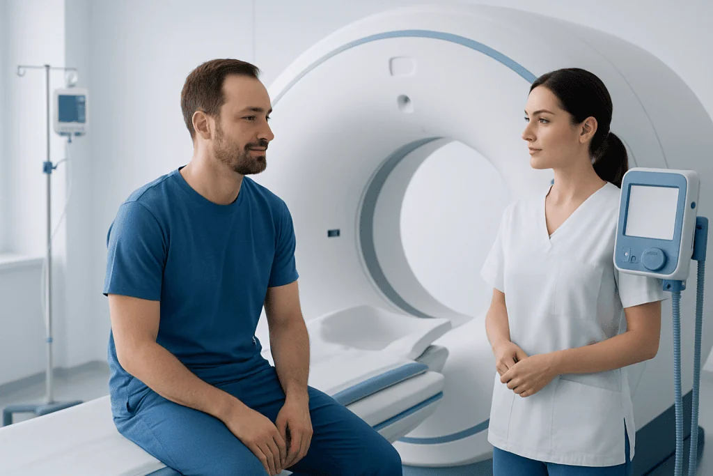 Patient and nurse in MRI scan room at Acibadem Hospital.