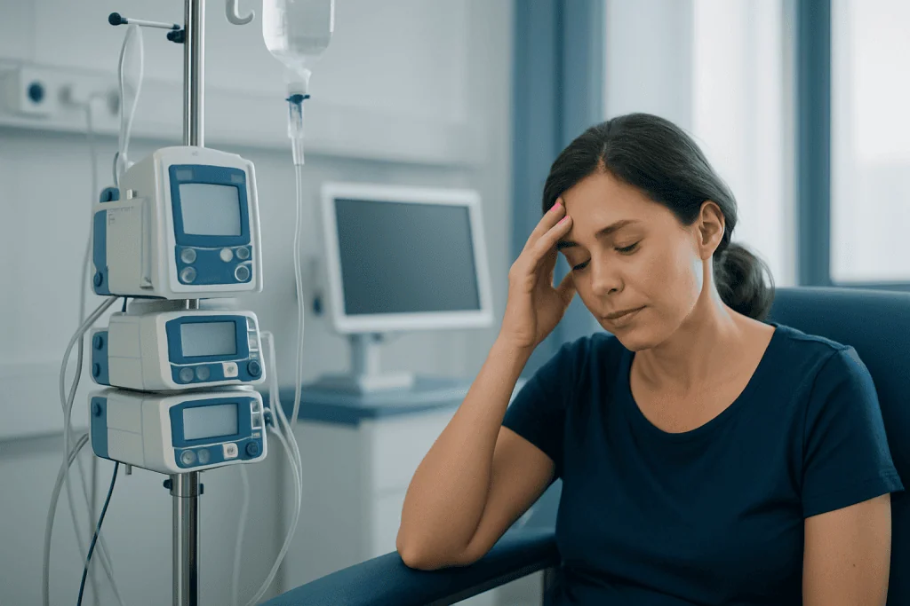 Woman in hospital appears fatigued, holding her head in discomfort.