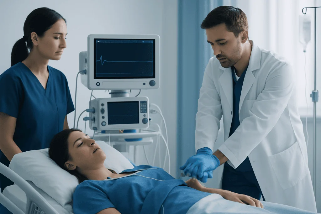 Medical team monitoring patient with cardiac emergency equipment in hospital.
