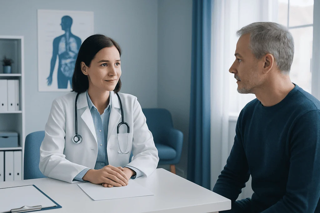 Doctor consulting with a male patient in a medical office.