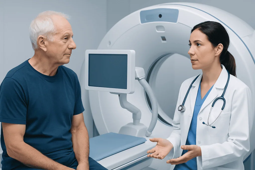 Doctor explaining MRI scan results to an elderly patient in a hospital.