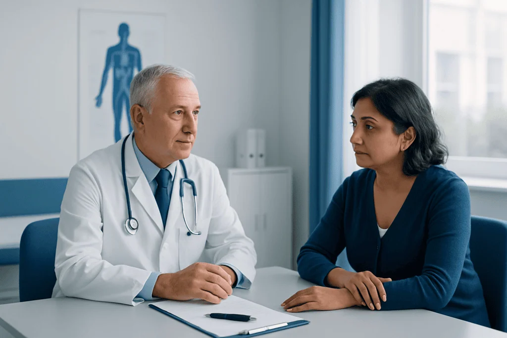 Doctor consulting with a female patient in a modern hospital room.