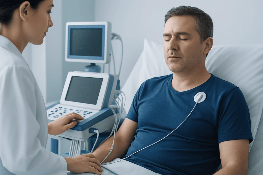 Patient undergoing cardiac monitoring in a hospital setting.