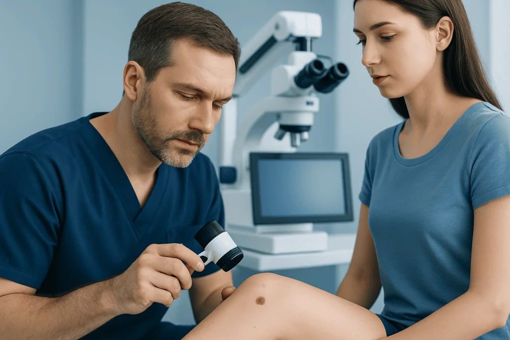 Dermatologist examining a mole on a patient's leg with a microscope.