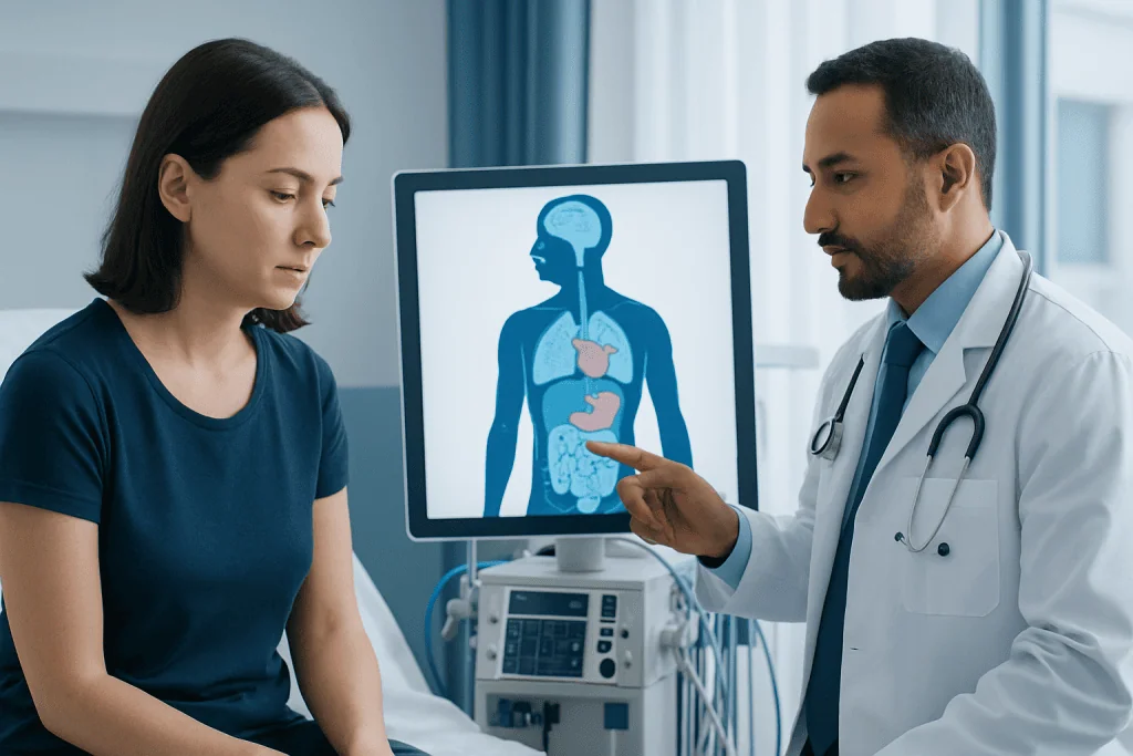 Doctor explaining autoimmune disease symptoms to patient in hospital.