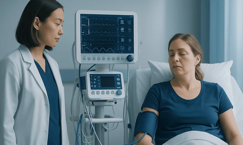 Patient connected to medical monitor during a health checkup at Acibadem Hospital.
