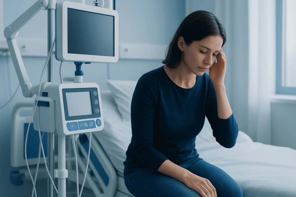 Woman in hospital bed experiencing headache or discomfort.