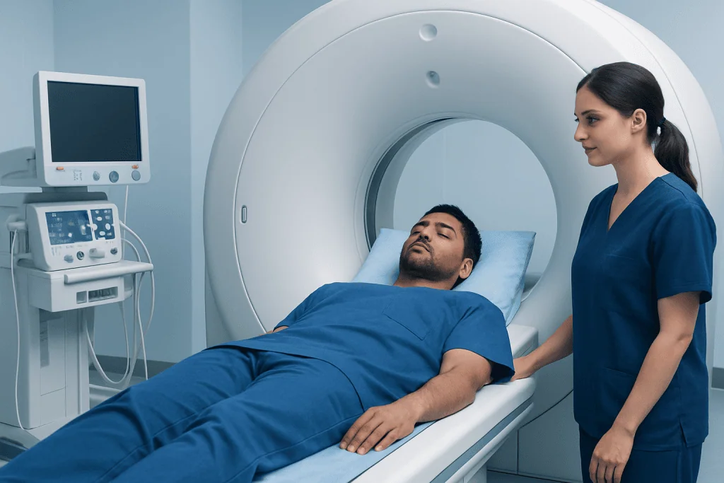 Patient undergoing MRI scan at Acibadem Hospital with medical staff present.