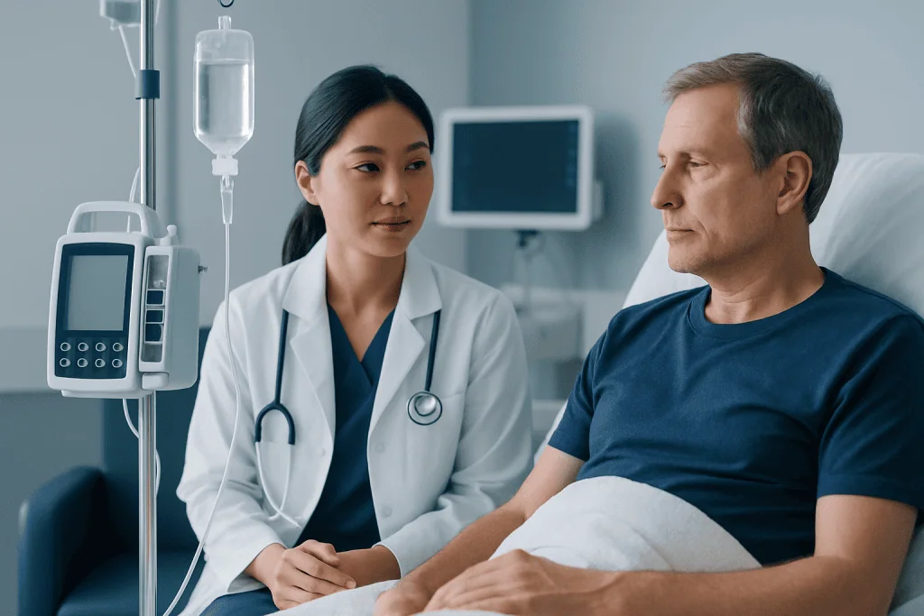 Doctor consulting with male patient in hospital room at Acibadem Hospitals.