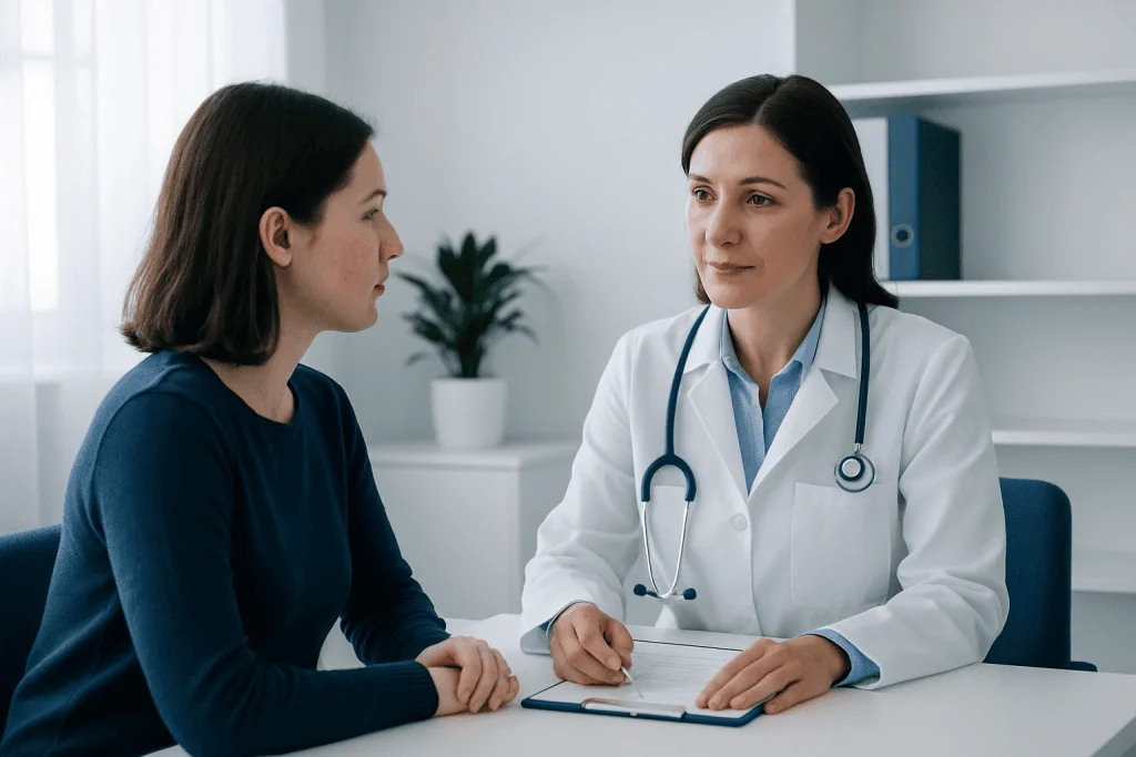 Doctor consulting with a patient in a modern medical office.