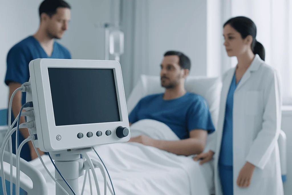 Hospital patient monitor in a medical setting with healthcare professionals.
