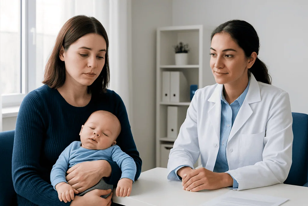 Pediatric consultation at Acibadem Hospital with mother and doctor.