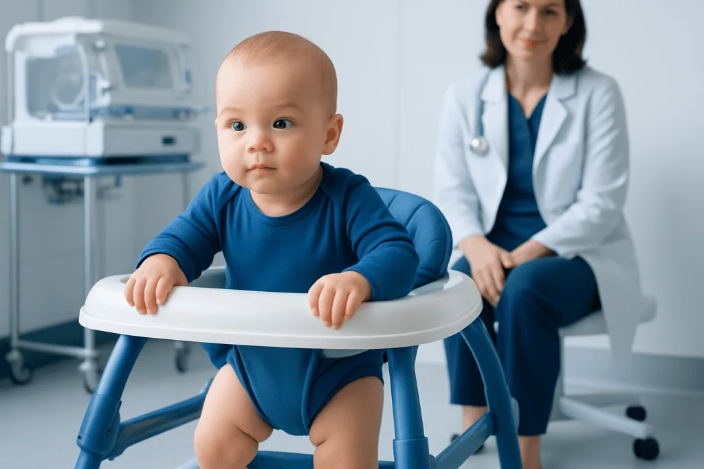Baby in a high chair at a hospital with a doctor in the background.