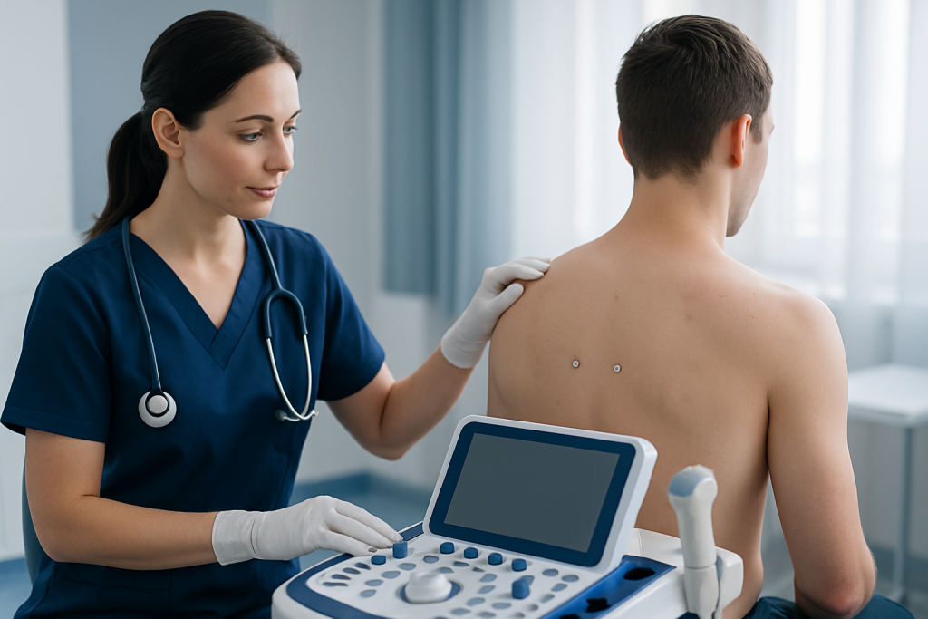 Medical professional performing back dermal examination with ultrasound device.