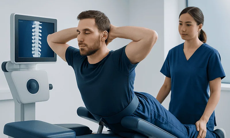 Patient undergoing back examination with spinal X-ray image in medical clinic.