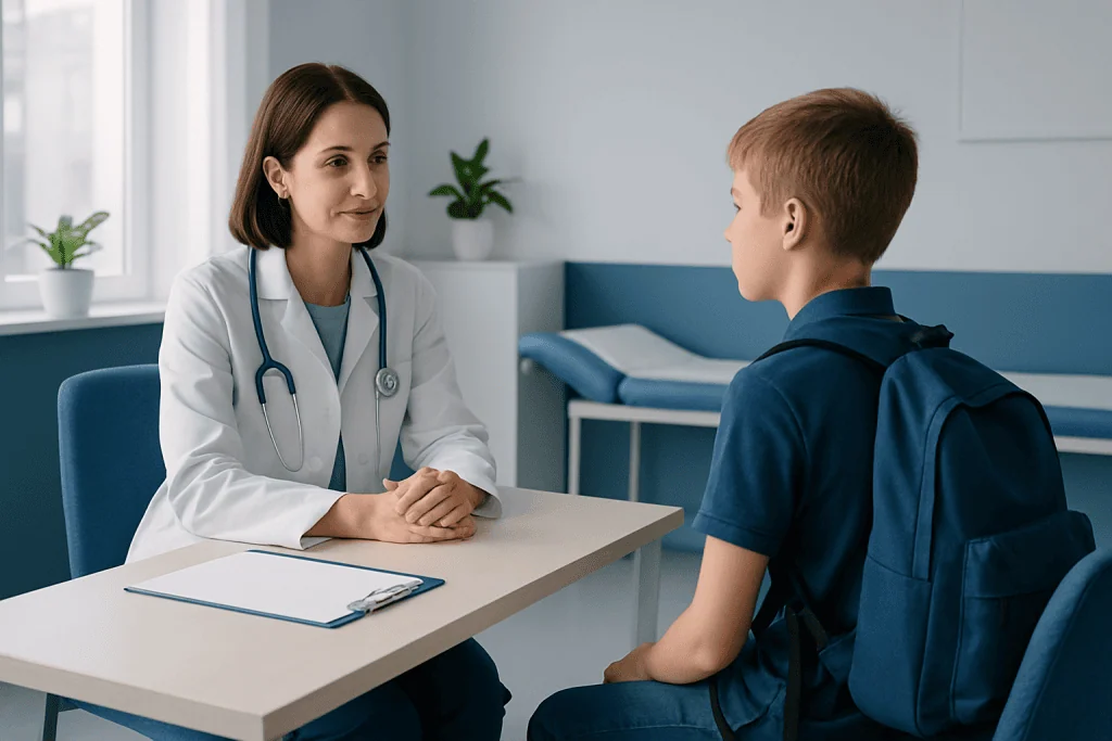 Pediatric consultation at a hospital with a doctor and young patient.